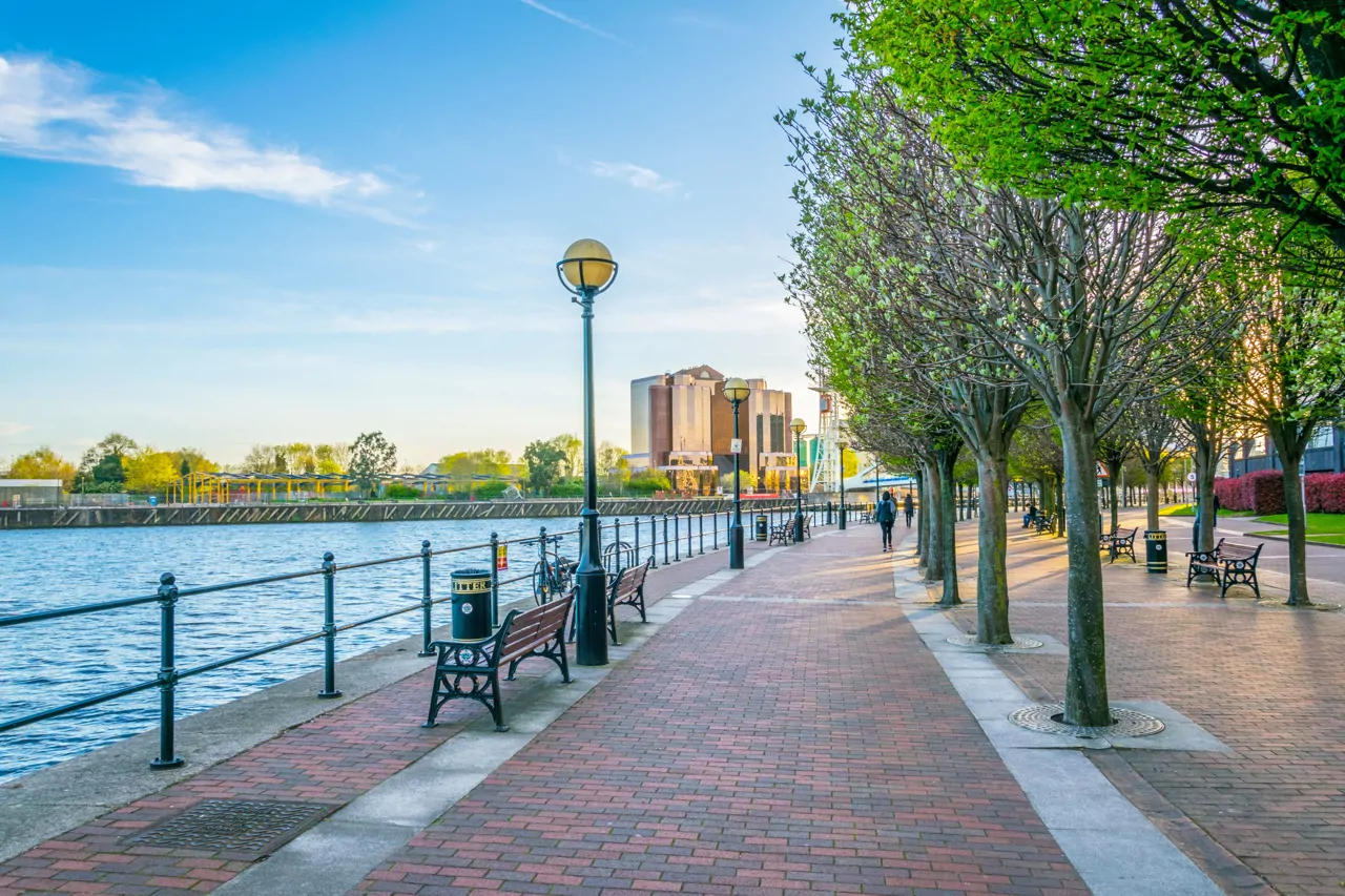View of a promenade next to Irwell river in Salford, Manchester