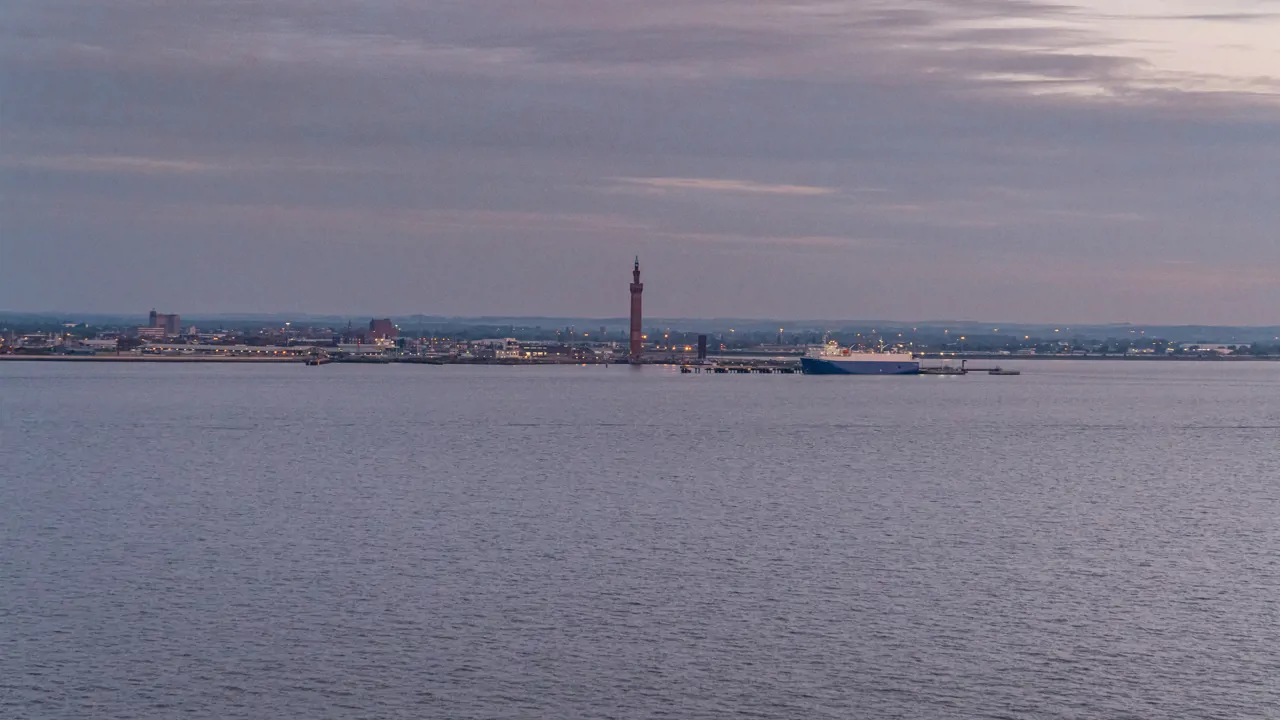View of the River Humber towards Grimsby Harbour with Grimsby dock tower in background