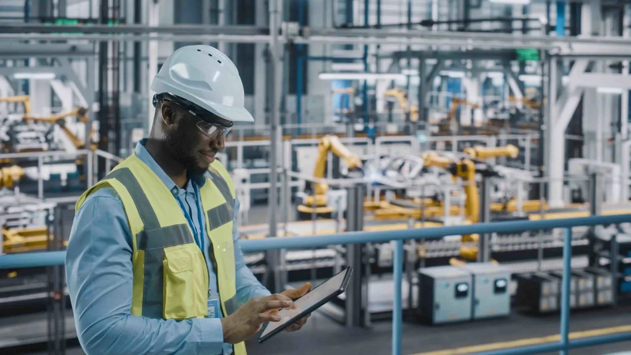A professional engineer checking work on his tablet near a production line