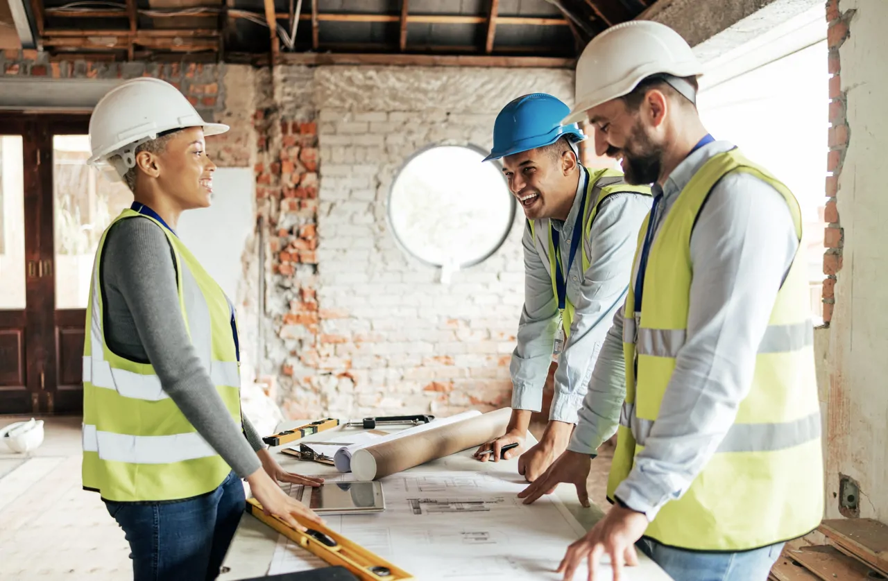 Three people working on a construction site standing around blueprints smiling