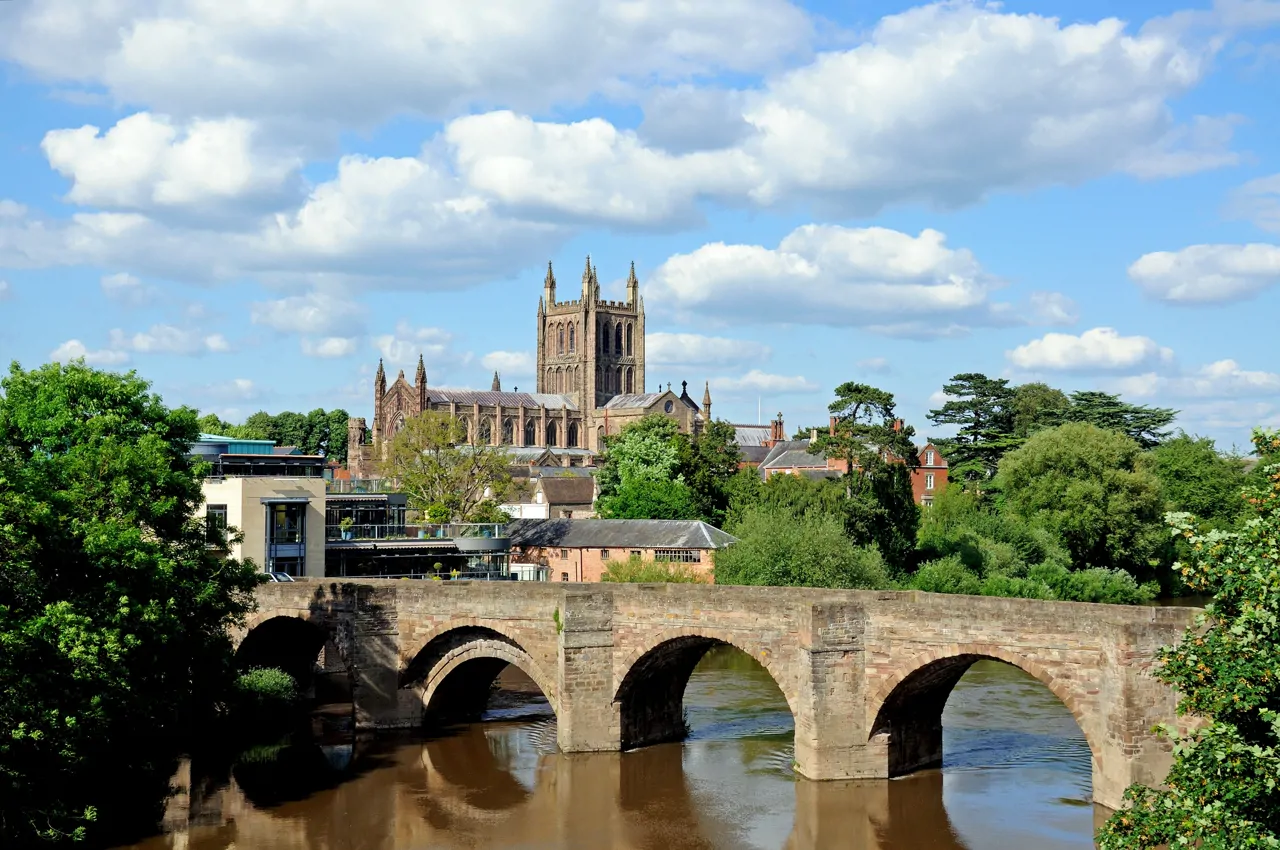 View from Wye River of Wye bridge and Cathedral in Hereford
