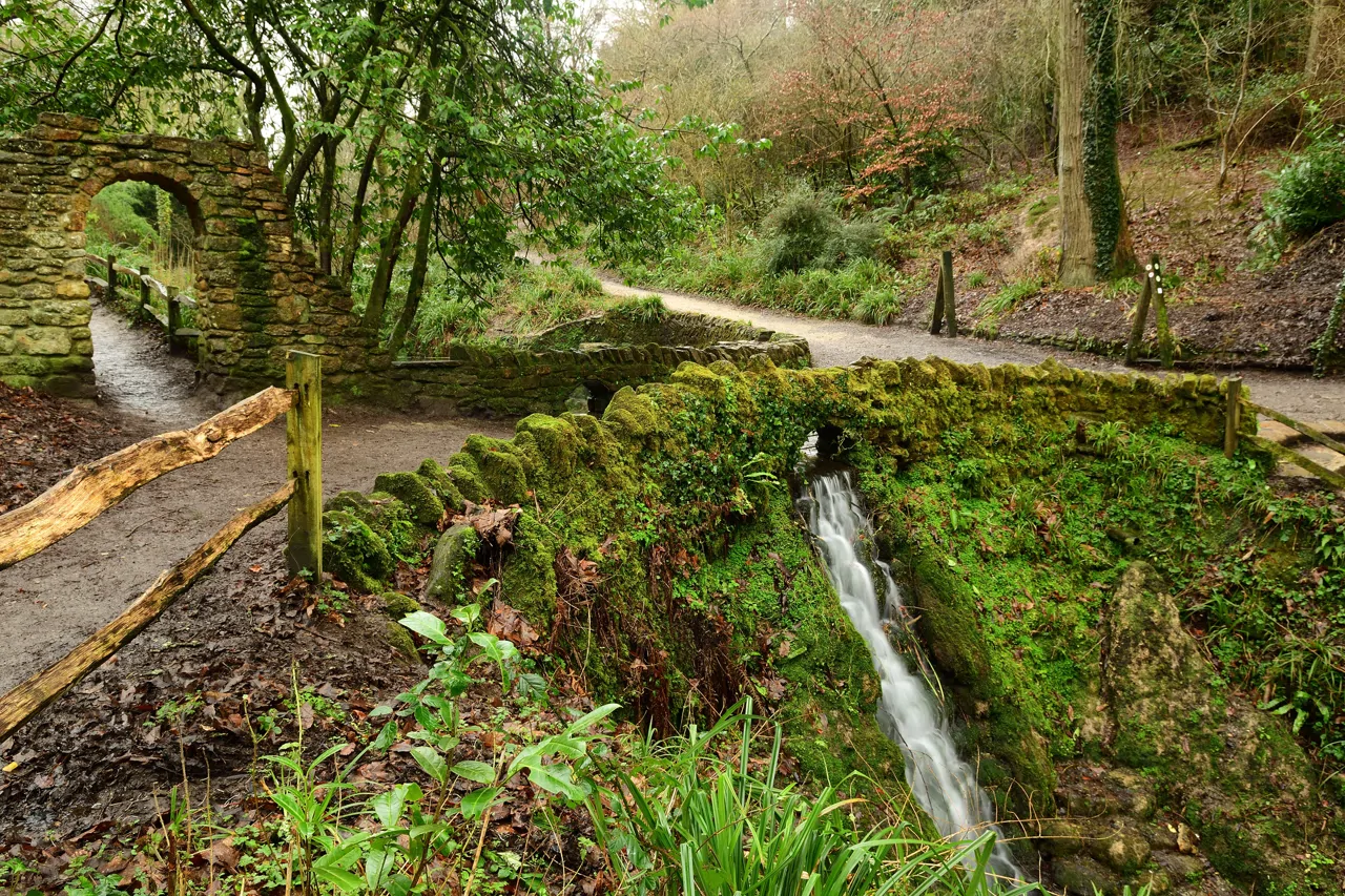 Scenic view of a waterfall in Ninesprings park in Yeovil in Somerset